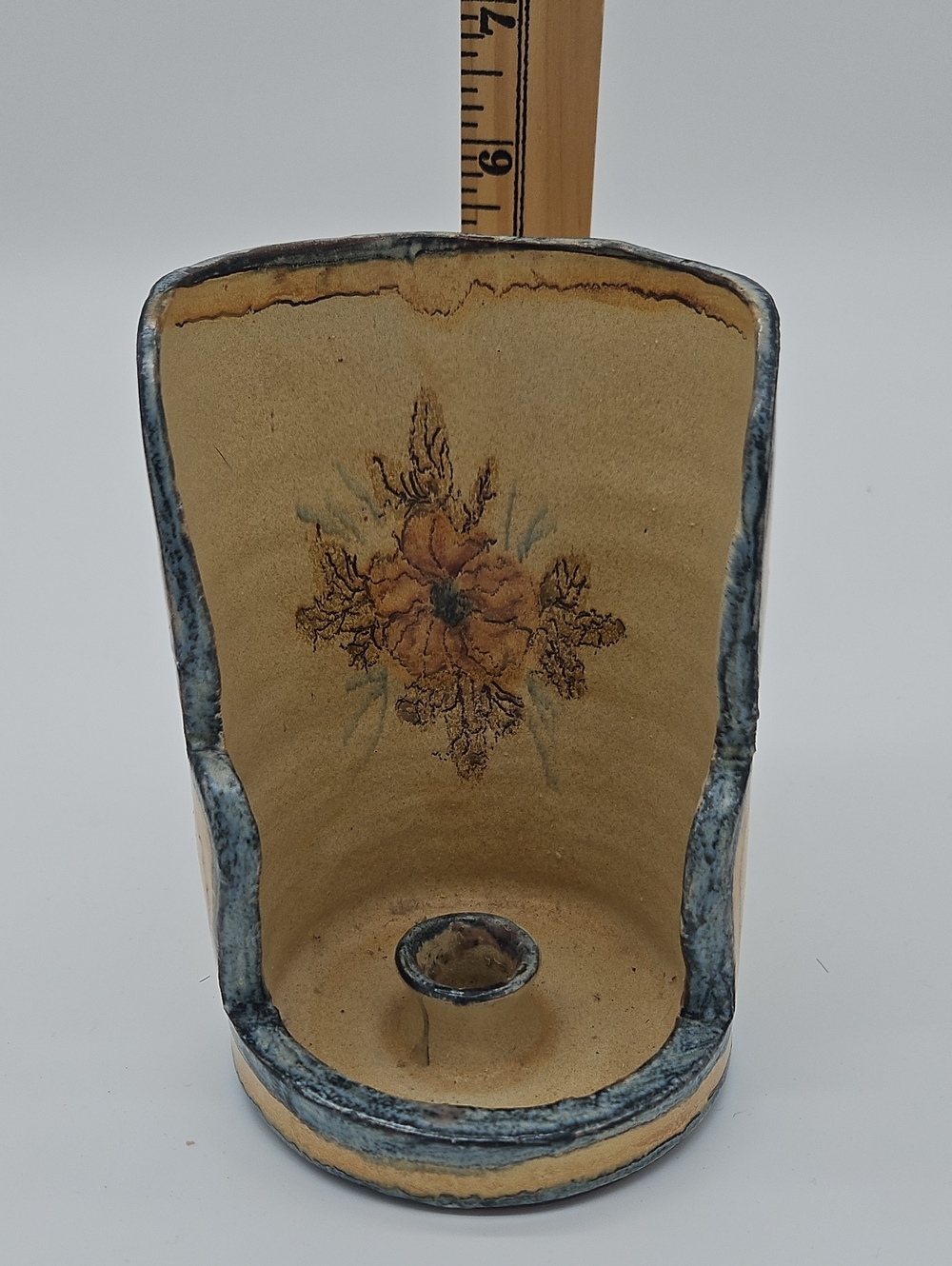 Handcrafted Ceramic Table Pocket Candleholder in Beige with Blue Trim